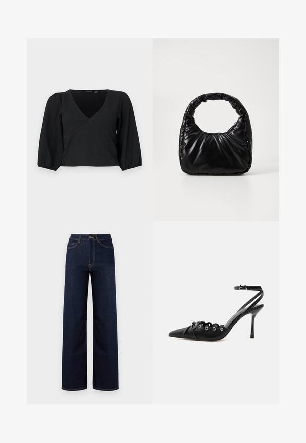 Top de tirantes texturizado negro con escote en V, que cuenta con mangas largas abullonadas y un diseño estilo envolvente.; Jeans de corte amplio en azul oscuro hechos de denim, con una cintura alta, cuatro bolsillos y costuras en contraste a lo largo de las costuras.; Zapato de tacón alto negro con punta fina, bordes ondulados, ojales metálicos, cordones delanteros y una correa en el tobillo con cierre de hebilla.; Bolso negro acolchado con un asa redondeada, que presenta una superficie lisa y brillante y una textura suave y acolchada. Sin herrajes ni acentos visibles.