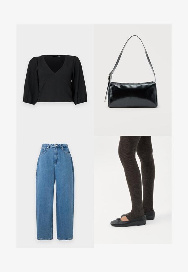 Pull noir texturé à col en V, avec de longues manches bouffantes et un design style wrap.; Un pantalon en denim bleu clair avec une coupe droite, taille haute et fermeture à bouton devant. Il comporte cinq poches et des détails de couture minimaux.; Jambes portant des leggings côtelés foncés associés à des ballerines noires avec de petits détails en nœud sur fond blanc.; Sac d'épaule rectangulaire noir avec une sangle réglable unique et une fermeture éclair supérieure sur un fond uni.