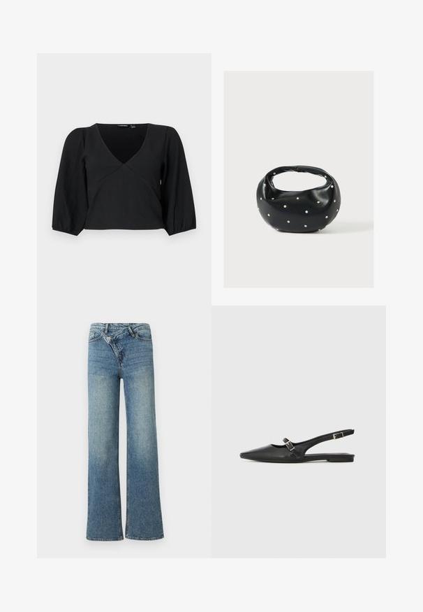 Pull noir texturé à col en V, avec de longues manches bouffantes et un design style wrap.; Jean en denim bleu clair à jambes larges avec une taille haute, un délavage clair et une fermeture à bouton à l'avant. Comprend cinq poches et des coutures minimales.; Chaussures slingback en cuir noir avec un bout pointu, comprenant une lanière étroite et un accent de boucle argentée sur le côté. Semelle plate.; Sac à main en cuir noir de forme arrondie, décoré de clous argentés et équipé d'une poignée courte. Texture lisse et fermeture éclair.