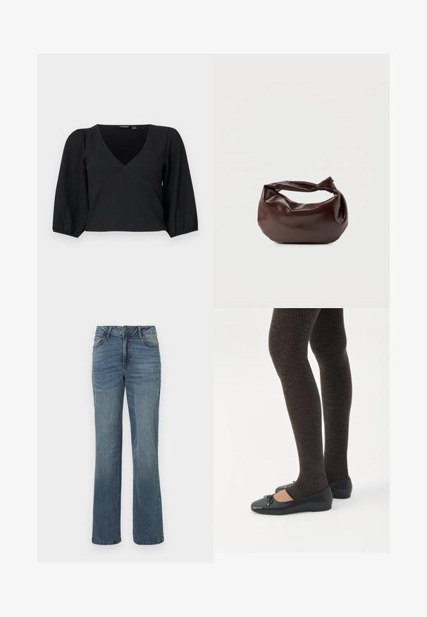 Musthave, tekstuuriga must pullover, millel on V-kaelus, pikad ja puffiga varrukad ning mähise stiilis lõige.; Sinised sirged janded denim, millel on ees nupuga ja tõmblukuga sulgemine, ees ja taga taskud ning õrn fadeeritud detail.; Jalad seljas tumedad soonelises soonelises kombines mustade baleriinadega, millel on väikesed paelade detailid valgel taustal.; Tumepruunast nahast õlakott, pehme ja lõdva vormiga, keeratud sõlme tüüpi sangaga, valgel ühevärvilisel taustal.