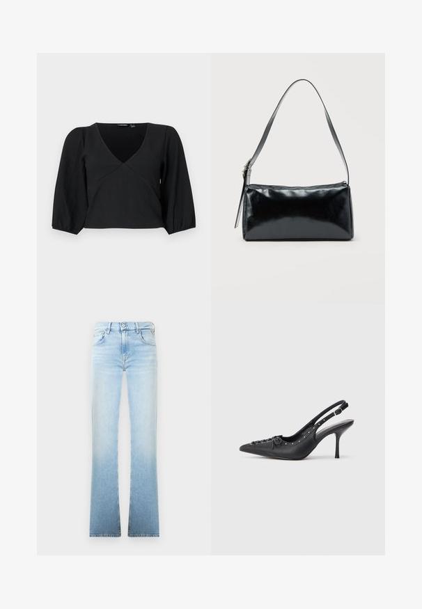 Sort, tekstureret pullover med V-udskæring, der har lange, pufærmer og en omslagstype design.; Lysblå denim flared jeans med en gradvis farvefade, fem-lomme design og en knaplukning ved taljen. Glat tekstur og rene linjer.; Sorte læder slingback stiletto med spids tå, side spændebånd, nitter langs kanten og dekorativ snøring foran.; Sort rektangulær skuldertaske med en enkelt justerbar rem og lynlås i toppen på en ensfarvet baggrund.