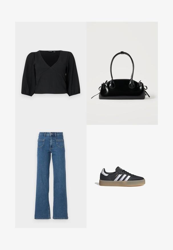 Top de tirantes texturizado negro con escote en V, que cuenta con mangas largas abullonadas y un diseño estilo envolvente.; Jeans de denim azul de pierna ancha con cintura alta, cinco bolsillos, cierre frontal con botón y un acabado ligeramente desvanecido. Los dobladillos y costuras cosidos son visibles.; Zapatilla deportiva de cuero negro con tres rayas plateadas, punta texturizada y suela de goma. Cuenta con un collar acolchado y un diseño con cordones.; Pequeño bolso negro brillante con dos asas largas y detalles de cordón lateral sobre un fondo claro liso.