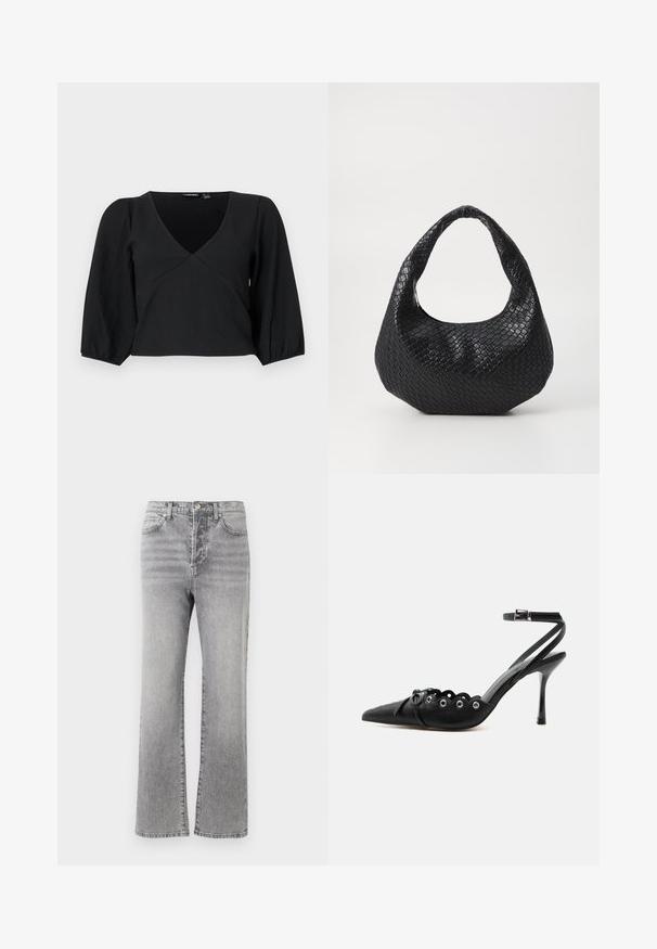 Top de tirantes texturizado negro con escote en V, que cuenta con mangas largas abullonadas y un diseño estilo envolvente.; Jeans de mezclilla gris con un diseño de pierna recta, cintura de altura media, estilo de cinco bolsillos y un ligero desgaste para dar textura. Detalles de botón metálico y costuras.; Zapato de tacón alto negro con punta fina, bordes ondulados, ojales metálicos, cordones delanteros y una correa en el tobillo con cierre de hebilla.; Bolso de mano tejido en negro con un asa curvada, que presenta una superficie texturizada y una forma holgada. Acabado suave con una silueta orgánica.