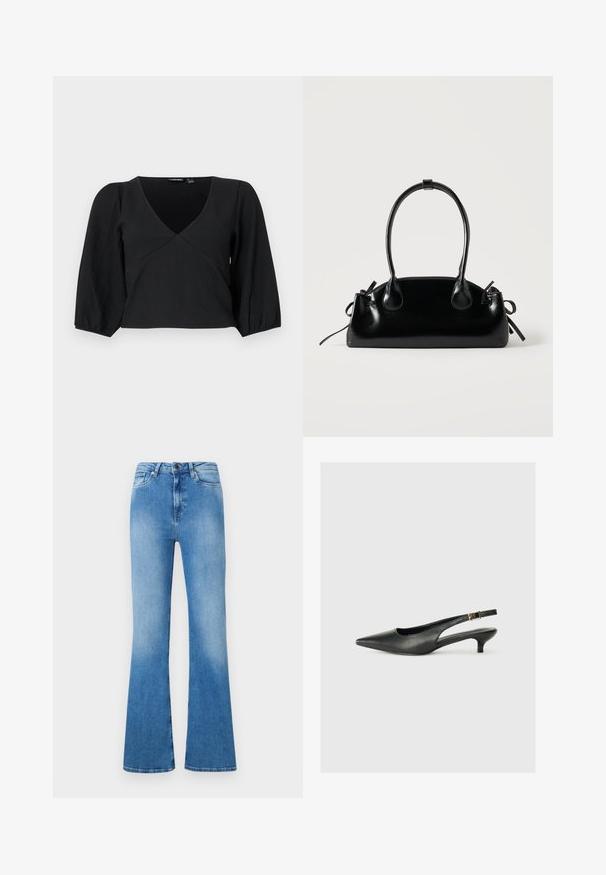 Sort, tekstureret pullover med V-udskæring, der har lange, pufærmer og en omslagstype design.; Lysblå flagrende jeans lavet af denim. Har klassisk fem-lomme design, knaplukning og en falmet finish mod bunden.; Sorte spidse slingback-sko lavet af glat læder. Har en tynd hæl og en spænde detalje på den justerbare rem.; Lille sort blank håndtaske med to lange håndtag og snøre-detaljer i siden på en ensfarvet lys baggrund.
