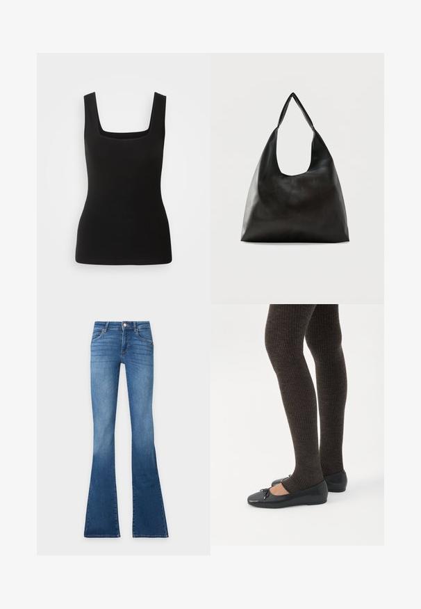 Débardeur sans manches noir avec un décolleté carré, fabriqué en tissu lisse ; design ajusté sans motifs ni accents en métal.; Jean flare en denim bleu avec poches avant, passants de ceinture, fermeture par bouton et légère décoloration sur les cuisses et le bas des jambes.; Jambes portant des leggings côtelés foncés associés à des ballerines noires avec de petits détails en nœud sur fond blanc.; Sac bandoulière en cuir noir lisse avec une large sangle unique et un design décontracté et minimaliste sur un fond uni.