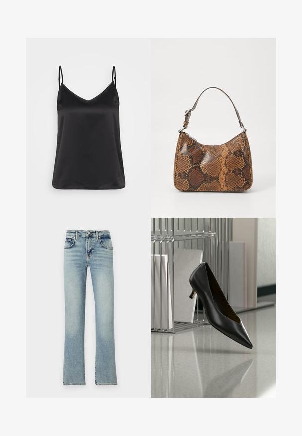 Sort satin camisole med V-hals, tynde justerbare stropper og en glat, blank overflade. Ingen mønstre eller yderligere dekorationer.; Lyseblå denim jeans med en udvidet benstil, der har fem lommer, bæltestropper og en falmet finish.; Sort læder sko med spids tå og lav hæl, der svæver over en grå plettet gulv, ved siden af en metal filopsamler med mapper.; Lille håndtaske med brun og sort slangeskinn mønster, kort justerbar rem og lynlåslukning.