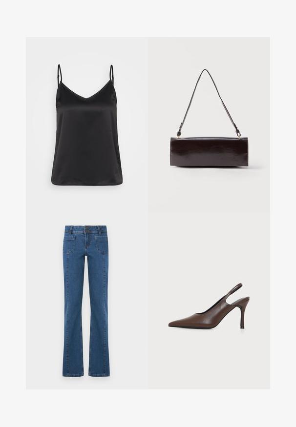 Sort satin camisole med V-hals, tynde justerbare stropper og en glat, blank overflade. Ingen mønstre eller yderligere dekorationer.; Blå denim jeans med forlommer, dobbelt knaplukning og let udvidede ben, vist fladt på hvid baggrund.; Brun læder slingback højhælet sko med spids tå og tynd stilet hæl på ensfarvet lyst baggrund.; Rektangulær sort læderhåndtaske med en enkelt lang rem og blank finish, vist mod en ensfarvet hvid baggrund.