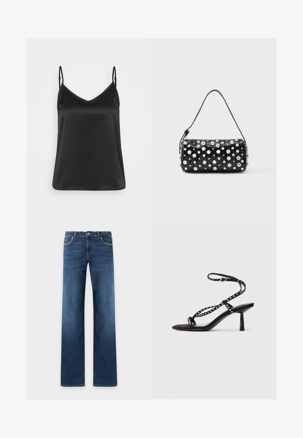 Sort satin camisole med V-hals, tynde justerbare stropper og en glat, blank overflade. Ingen mønstre eller yderligere dekorationer.; Mørkeblå jeans med lige ben, fem lommer, lukning med metal-knap og små sølvnitter langs forkantene af forlommerne.; Sorte ruskind højhælede sandaler med spids tå, ankelrem og dekorativ nagledetaljering på remmene.; Sort læderhåndtaske med rund form, dekoreret med sølvnitter. Har en aftagelig rem og lynlås. Glat tekstur.