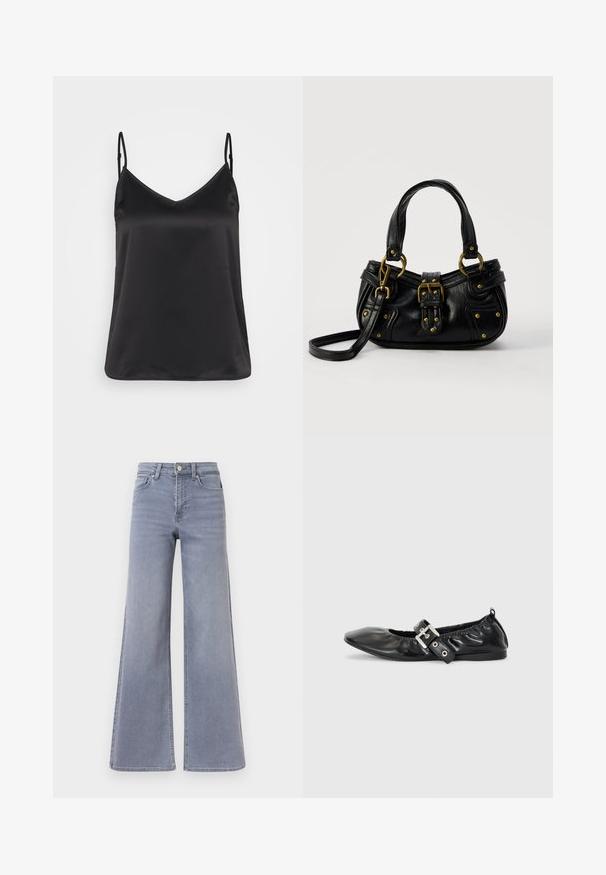 Sort satin camisole med V-hals, tynde justerbare stropper og en glat, blank overflade. Ingen mønstre eller yderligere dekorationer.; Lys blå cowboybukser med vide ben og høj talje, lukkes foran med knap og lynlås, med lommer foran og bagpå, vist på en hvid baggrund.; Sorte læder flade sko med spids tå, samling detaljer omkring åbningen, og en sølv spænde accent på den justerbare rem.; Sort læderhåndtaske med guldbælge og nitdetaljer, korte håndtag og en justerbar skulderrem på en ensfarvet hvid baggrund.