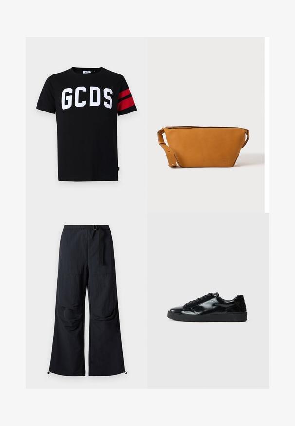 Zwarte katoenen T-shirt met groot wit "GCDS" logo, rode gestreepte accenten op de mouwen, ronde hals en een standaard pasvorm.; Zwarte wijde broek van lichtgewicht stof. Voorzien van een riem, twee grote zijzakken en verstelbare zoom met trekkoordsluitingen.; Zwarte gepatenteerde leren sneakers met een ronde neus, vetersluiting, een gestructureerde rubberen zool en een glanzende afwerking.; Lichtbruine leren crossbodytas met verstelbare band en ritssluiting, getoond tegen een effen lichte achtergrond.