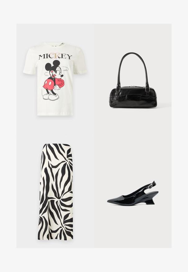 T-shirt blanc avec Mickey Mouse stylisé tenant une boîte en forme de cœur, avec le mot « MICKEY » en lettres noires au-dessus.; Jupe midi droite abstraite à rayures zèbre en noir et blanc avec une fente subtile à l'avant, présentée à plat sur un fond blanc.; Chaussure slingback en cuir verni noir avec bout pointu et petit talon bloc incliné sur fond clair uni.; Sac à main en cuir noir de forme rectangulaire, doté d'une seule ansse structurée, de quincaillerie argentée et d'une fermeture éclair. Texture lisse.