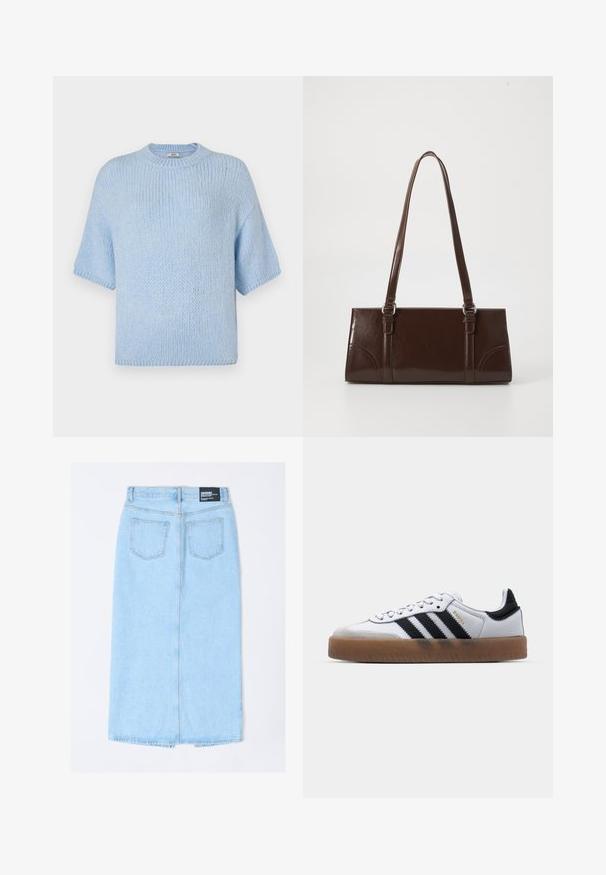 Lysblå strikket kortærmet sweater med rund hals. Har en blød tekstur og en afslappet pasform, med ribbede detaljer ved kraven og ærmerne.; Lyseblå denim midi-nederdel med en midterste søm bagpå, to baglommer og en mærkat i taljen. Glat tekstur med et lige snit.; Hvide lædersneakers med sorte striber, gummirubber sål, rund tå, snørelukning og blød grå ruskinds tåhætte.; Brun lakeret håndtaske med rektangulær form, to lange håndtag og subtile buede detaljer på fronten.