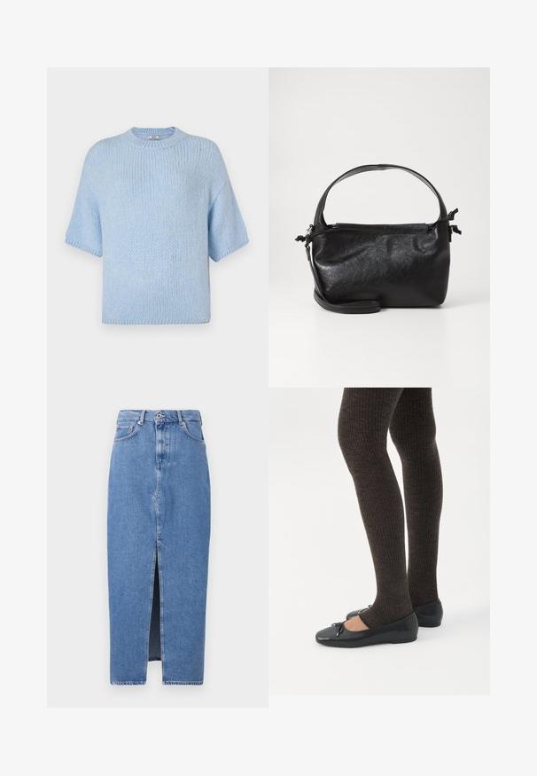 Pull en maille bleu clair à manches courtes et col rond. Présente une texture douce et une coupe décontractée, avec des détails côtelés au niveau du col et des poignets.; Jupe midi en denim bleu clair avec une fente avant, design classique à cinq poches et fermeture par bouton supérieur. Le tissu présente une légère texture.; Jambes portant des leggings côtelés foncés associés à des ballerines noires avec de petits détails en nœud sur fond blanc.; Sac à main en cuir noir au design structuré, avec une poignée arrondie et une bandoulière amovible. Présente une texture lisse et un éclat subtil.