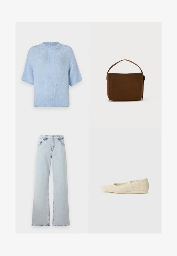 Lichtblauwe gebreide trui met korte mouwen en een ronde hals. Kenmerkt zich door een zachte textuur en een ontspannen pasvorm, met ribbeldetails op de kraag en manchetten.; Lichtblauwe wijde jeans van denim, met een hoge taille, riemlussen, vijf zakken en vervaagde gebieden voor een vintage uitstraling.; Beige ballerina's met een gladde leren buitenkant, amandelvormige punt en elastische band over de wreef, met subtiele stiksels.; Bruine rechthoekige schoudertas met een enkele brede handgreep en gespsluiting, tegen een effen witte achtergrond.