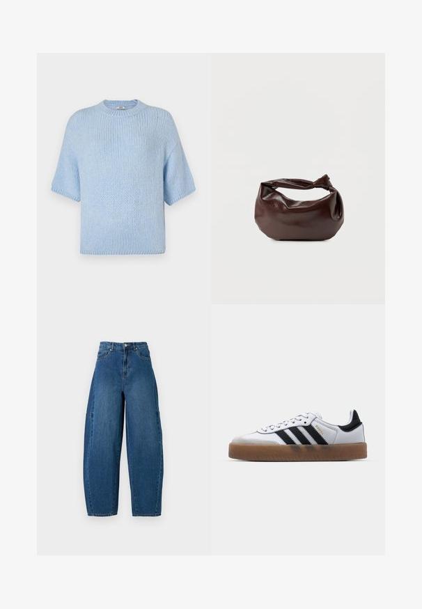 Pull en maille bleu clair à manches courtes et col rond. Présente une texture douce et une coupe décontractée, avec des détails côtelés au niveau du col et des poignets.; Jean en denim de teinte bleu moyen, présentant une taille haute, une coupe large et un design standard à cinq poches avec des détails de coutures visibles.; Baskets en cuir blanc avec des rayures noires, semelle extérieure en caoutchouc beige, bout rond, fermeture lacée et embout en suède gris doux.; Sac bandoulière en cuir marron foncé avec une forme souple et décontractée et une anse nouée torsadée sur un fond blanc uni.