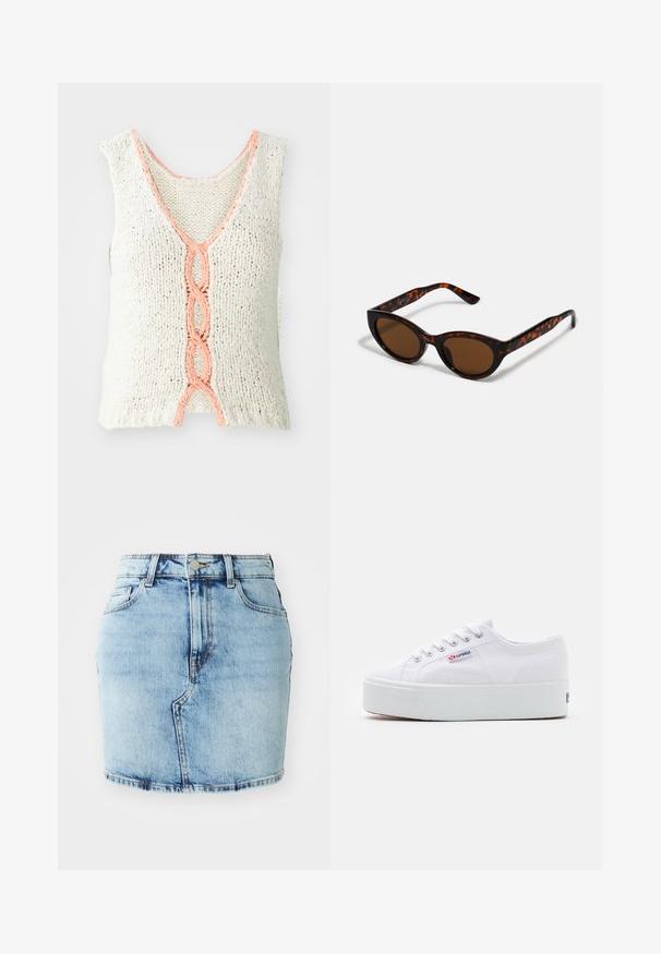 Top sin mangas de punto en color crema con cuello en V, que presenta un detalle trenzado en color coral en el frente. Tejido texturizado con corte holgado.; Falda de mezclilla de color azul claro con una forma ajustada, cinco bolsillos, cierre de botón y cremallera, y detalles cosidos a lo largo del dobladillo.; Zapatilla de lona blanca con una gruesa suela de plataforma blanca, punta redonda y ojales de metal para los cordones. Logotipo de la marca mostrado en el lateral.; Gafas de sol de carey marrón con una forma vintage de ojo de gato y lentes marrones. Presentan brazos curvados con acentos rojos.