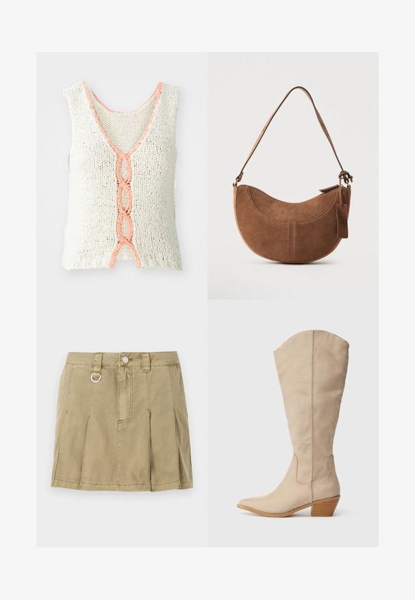Débardeur en tricot sans manches en crème avec un col en V, présentant un détail tressé en corail à l'avant. Tissu texturé avec une coupe ample.; Jupe en denim vert olive clair avec quatre plis plats, une fermeture à bouton à l'avant et un accent en boucle en métal sur la taille.; Bottes beiges en daim, montantes jusqu'au genou, avec un bout pointu, un talon empilé et des détails de couture visibles. Texture lisse avec un design simple.; Sac à main en daim marron de forme courbée en demi-lune. Il est doté d'une bandoulière, d'une petite étiquette et de coutures visibles le long des bords.