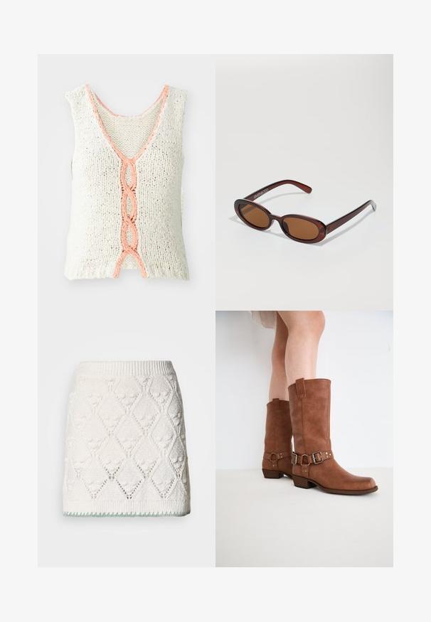 Débardeur en tricot sans manches en crème avec un col en V, présentant un détail tressé en corail à l'avant. Tissu texturé avec une coupe ample.; Jupe tricotée blanche avec un motif en losanges, surface texturée et accent vert à l'ourlet. Taille élastique pour le confort.; Bottines en cuir marron avec un bout légèrement pointu, des boucles décoratives et un talon bas empilé. Texture lisse avec une finition mate.; Lunettes de soleil rondes teinte brun avec une monture bordeaux brillante. Branches fines avec un détail de marque subtil. Design de verres plats.