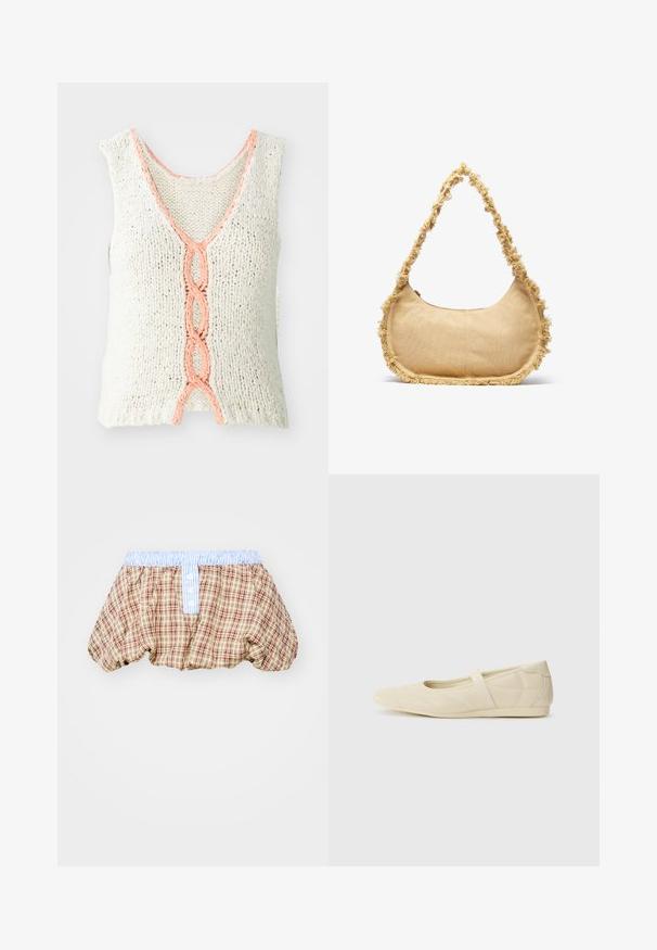 Top sin mangas de punto en color crema con cuello en V, que presenta un detalle trenzado en color coral en el frente. Tejido texturizado con corte holgado.; Pantalones cortos abullonados a cuadros en marrón, beige y rojo, con una cinturilla de rayas azul claro y detalles de botones en la parte delantera.; Bailarinas beige con un exterior de cuero liso, punta en forma de almendra y una correa elástica en el empeine, con detalles de costura sutiles.; Bolso beige texturizado con forma redondeada, con un borde deshilachado a lo largo de los lados y una correa corta para llevar. Apertura con cremallera en la parte superior.