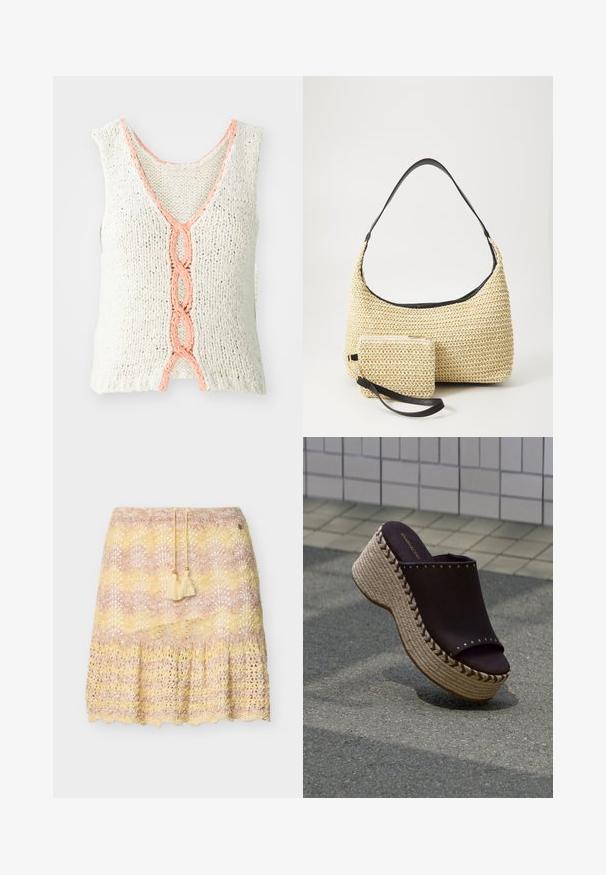 Débardeur en tricot sans manches en crème avec un col en V, présentant un détail tressé en corail à l'avant. Tissu texturé avec une coupe ample.; Jupe crochet longueur genou avec ourlet festonné dans des tons pastel rose, jaune et beige, dotée d'une taille à cordon avec pompons.; Sandale plateforme noire à enfiler avec semelle en corde tressée et détails en clous métalliques sur fond de sol carrelé.; Sac à main en paille tissée avec une silhouette courbée, doté d'une bandoulière en cuir noir lisse et d'une petite pochette assortie attachée par une sangle pour le poignet.
