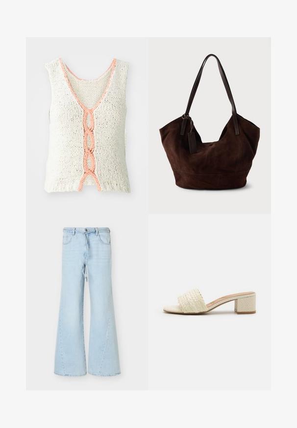 Strikket ærmeløs top i creme med v-hals, der har en flettet detalje i koral foran. Strukturstof med løs pasform.; Lyseblå jeans med vide ben, snøre og knaplukning, forlommer og bæltestropper, vist på hvid baggrund.; ALDO CLAUDINA - Slip-on sandaler - white/bone; Brun ruskind taske med en blød, slouchy form. Har læderhåndtag og et tag-accent. Enkelt tekstur med buede sømme.