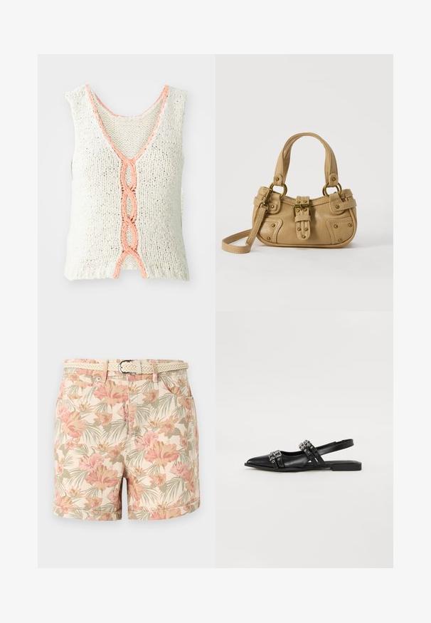 Top sin mangas de punto en color crema con cuello en V, que presenta un detalle trenzado en color coral en el frente. Tejido texturizado con corte holgado.; Pantalones cortos beige con estampado floral tropical en rosa y verde, con bolsillos delanteros y un cinturón beige tejido con hebilla plateada.; Even&Odd by Zalando Bailarinas con tira trasera - black; Bolso de cuero beige con doble asa, hebilla y remaches de latón, y una correa de hombro ajustable sobre un fondo blanco.