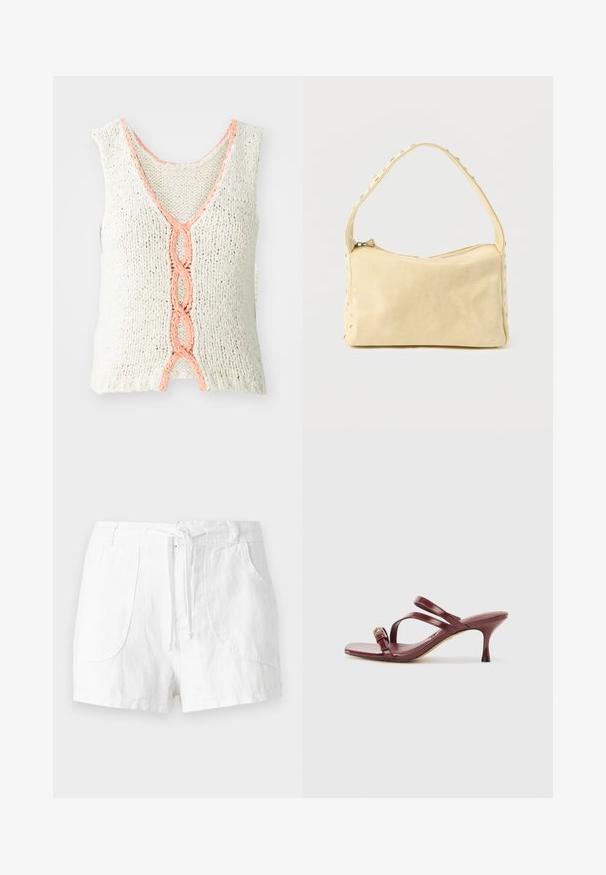 Top sin mangas de punto en color crema con cuello en V, que presenta un detalle trenzado en color coral en el frente. Tejido texturizado con corte holgado.; Pantalones cortos de lino blancos con cintura ajustable, cuentan con dos bolsillos frontales y una textura suave. Diseño simple sin adornos.; Sandalias de tacón alto de charol burdeos con puntera cuadrada, dos correas delgadas y una hebilla decorativa dorada en el lateral.; Pequeño bolso de cuero beige con una sola correa y tachuelas plateadas a lo largo de los bordes y la correa, sobre un fondo liso.