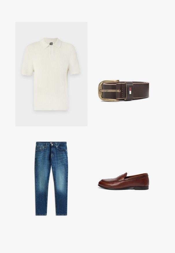 BOSS AKOPPO - Polo - open yellow; Jean en denim bleu coupe ajustée avec des détails délavés, fermeture à boutons sur le devant, passants pour ceinture et design à cinq poches.; Mocassin en cuir marron avec un bout arrondi, des détails cousus et une petite bride supérieure. Finition lisse avec un petit talon rectangulaire bas.; Ceinture en cuir brun foncé avec boucle en laiton de style ancien et détail de logo rectangulaire rouge, blanc et bleu sur la passants de ceinture.