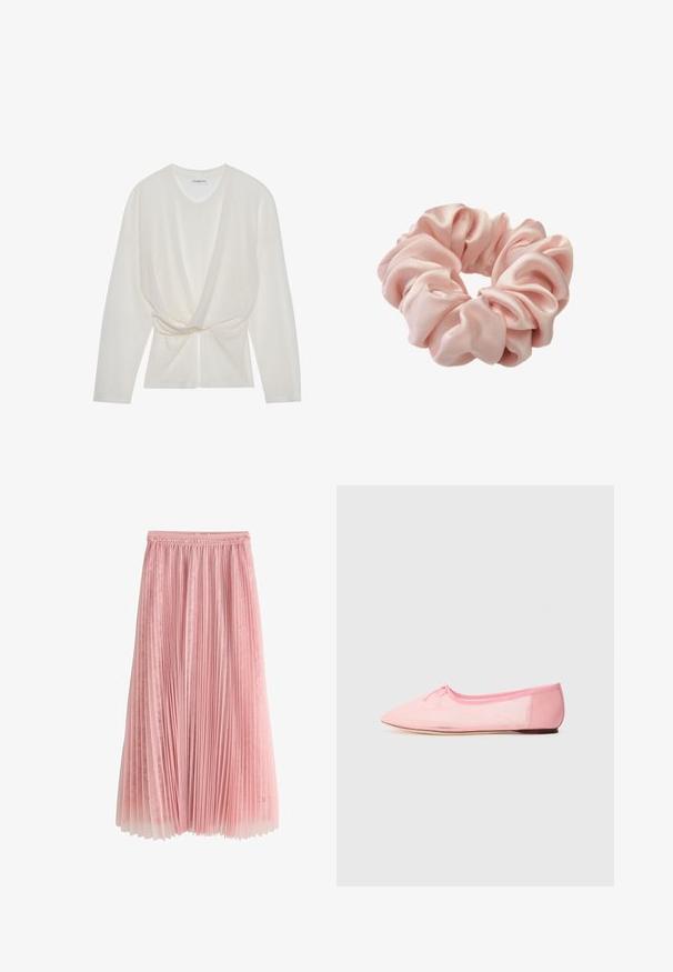 Top de punto blanco con escote en V, mangas largas y un diseño frontal retorcido. La tela presenta una fina textura de canalé.; Falda midi plisada rosa con una capa inferior de encaje y cinturilla fruncida, mostrada sobre un fondo blanco.; Bailarina rosa hecha de tejido suave, con punta afilada y un pequeño lazo en la parte superior, además de una suela baja y flexible.; Coletero de satén rosa claro con tela recogida y una textura suave y brillante para sujetar el cabello.
