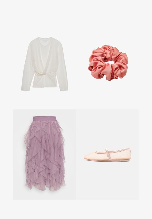 Top de punto blanco con escote en V, mangas largas y un diseño frontal retorcido. La tela presenta una fina textura de canalé.; Falda de tul lila con volantes en capas, cinturilla elástica y una textura ligera y transparente. Diseñada con una silueta en capas.; Zapato plano beige claro con punta puntiaguda y una sola correa con hebilla lateral, mostrado sobre un fondo blanco liso.; Coletero de satén rosa con tela recogida que forma volantes suaves y voluminosos alrededor de una banda elástica.