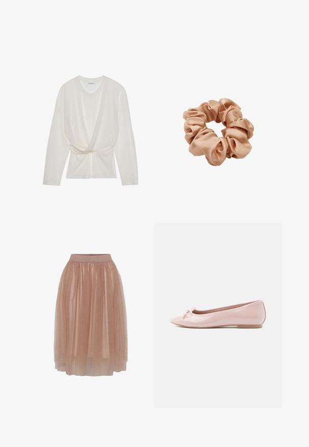 Top de punto blanco con escote en V, mangas largas y un diseño frontal retorcido. La tela presenta una fina textura de canalé.; Falda de tul en un suave color nude con una cinturilla elástica ajustada, que presenta una tela ligera y transparente en capas y una textura suave.; Zapato plano tipo ballet de charol rosa con punta puntiaguda y detalle de lazo decorativo en la parte frontal. Cuenta con suela plana y diseño sin costuras.; Coletero de satén beige con bucles de tela suaves recogidos que forman un accesorio para el cabello circular sobre un fondo blanco.