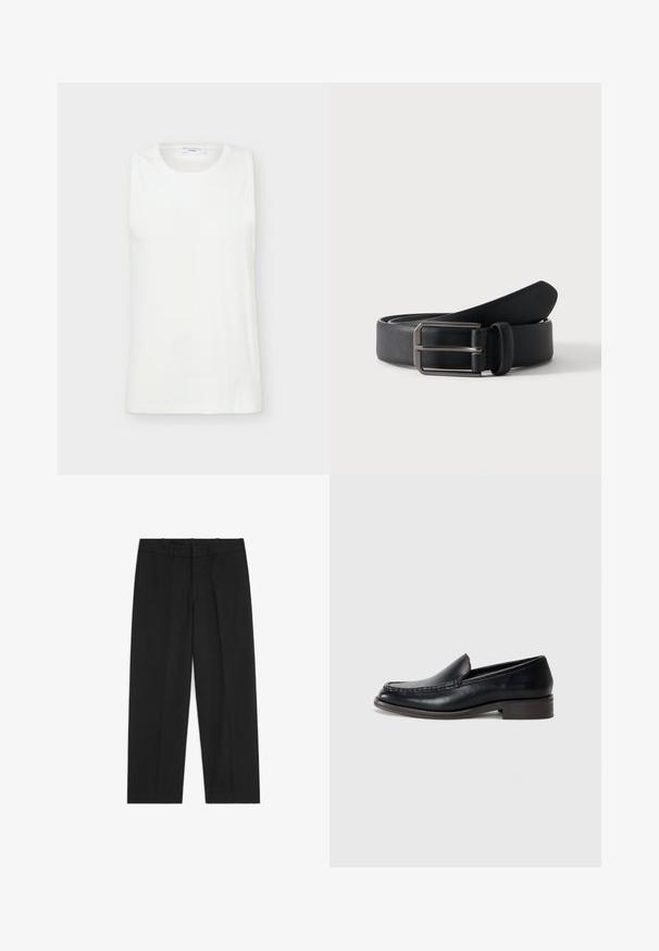 Haut blanc sans manches à col rond en tissu lisse, présenté à plat sur un fond clair.; Pantalon noir droit avec passants de ceinture et pli sur le devant, posé à plat sur fond blanc.; Mocassin en cuir noir pour homme avec une couture sur le bout, un petit talon en bois et un design sans lacets sur un fond clair.; Ceinture en cuir noir roulée avec une boucle métallique argentée rectangulaire sur un fond clair uni.