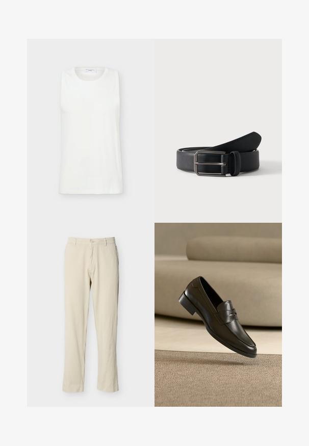 Haut blanc sans manches à col rond en tissu lisse, présenté à plat sur un fond clair.; Pantalon beige à jambes droites avec passants pour ceinture, fermeture par bouton, et poches avant, présenté sur un fond blanc uni.; Mocassin en cuir noir flottant au-dessus d'un tapis beige avec un canapé beige en arrière-plan, mettant en valeur le design classique pour hommes sans lacets.; Ceinture en cuir noir roulée avec une boucle métallique argentée rectangulaire sur un fond clair uni.