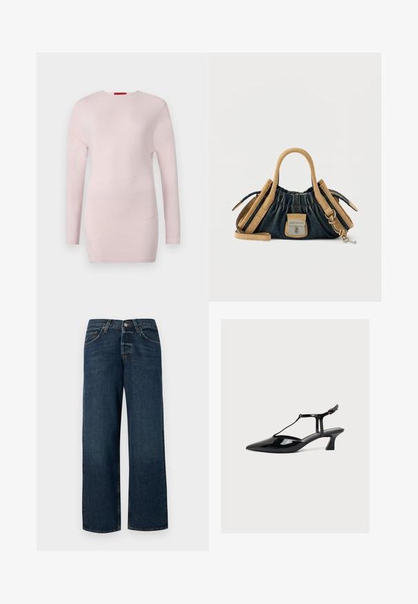 Haut rose clair à manches longues avec un col rond, présentant des détails de couture diagonale et une texture lisse.; Jeans en denim bleu foncé avec une coupe droite, cinq poches et quincaillerie en métal. Présente une légère décoloration et un ourlet soigné.; Chaussure à talon bas en cuir verni noir, bout pointu, bride en T et fermeture à boucle sur fond clair neutre.; Petit sac à main Marc Jacobs avec corps en denim, poignées et finitions en daim caramel, fermoir argenté et bandoulière ajustable avec clé attachée.