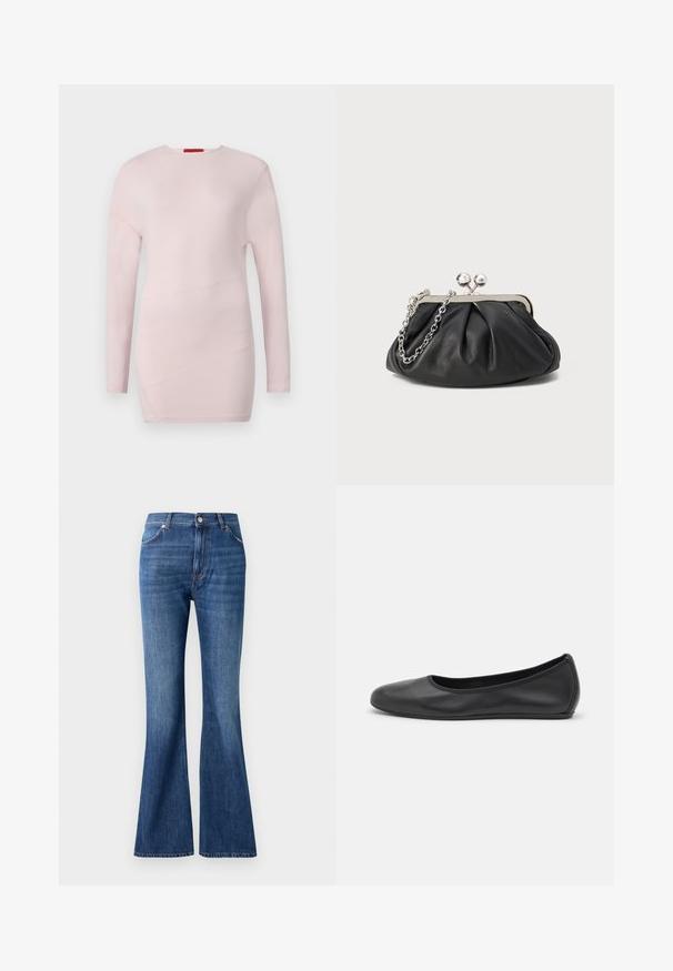 Top de manga larga de color rosa claro con cuello redondo, que presenta detalles de costura diagonal y una textura suave.; Vaqueros de campana azul de mezclilla, con una cintura alta, cinco bolsillos y un sutil patrón de desgastado cerca de las costuras.; Bailarina de piel negra con punta redondeada, textura suave, detalle de costura minimalista y diseño de suela flexible.; Clutch de cuero negro con textura arrugada, marco de metal en tono plateado, cierre de beso y cadena para colgar. Superficie suave y lisa.
