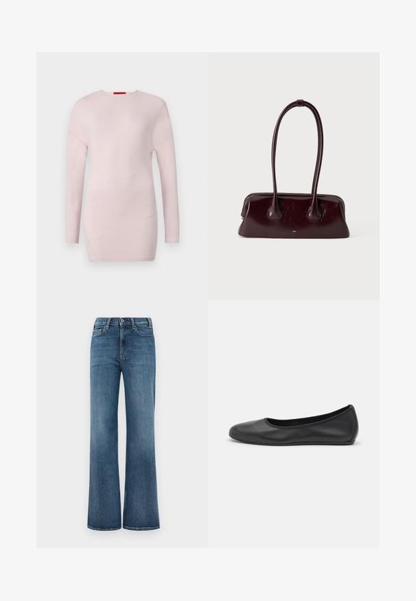 Lyserød bluse med lange ærmer og rund hals, med diagonale sømdetaljer og en glat tekstur.; Blå denimjeans med bred benklip, knap- og lynlåslukning samt for- og baglommer, præsenteret på en simpel hvid baggrund.; Sort læderballetsko med rund tå, glat tekstur, minimal syning og et fleksibelt såldesign.; Mørkebrunt blankt læderhåndtaske med lange, tynde håndtag og en struktureret rektangulær bund på en ensfarvet lys baggrund.