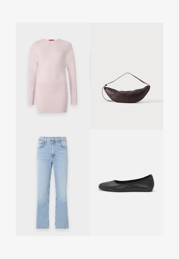 Lyserød bluse med lange ærmer og rund hals, med diagonale sømdetaljer og en glat tekstur.; Lyseblå denim jeans med lige ben, høj talje og subtil fading. Har klassisk fem-lomme design og lynlåsgylp.; Sort læderballetsko med rund tå, glat tekstur, minimal syning og et fleksibelt såldesign.; Mørkebrun læder skuldertaske i halvmåneform med buet rem og synlige syninger på ensfarvet baggrund.