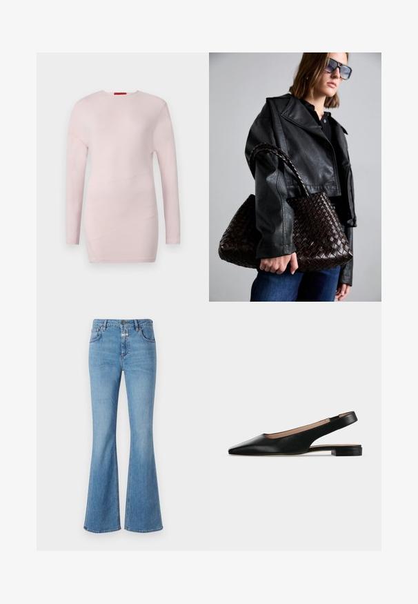 Top de manga larga de color rosa claro con cuello redondo, que presenta detalles de costura diagonal y una textura suave.; CLOSED JOVANNA - Vaqueros bootcut - light blue; Zapato plano de cuero negro con tira trasera, puntera puntiaguda y tacón cuadrado bajo sobre fondo blanco.; DRAGON DIFFUSION SANTA CROCE BIG - Bolso de mano - dark brown