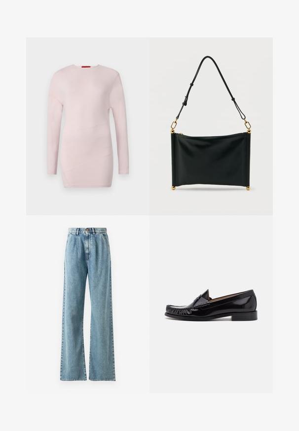 Top de manga larga de color rosa claro con cuello redondo, que presenta detalles de costura diagonal y una textura suave.; Vaqueros de pierna ancha de cintura alta en azul claro, hechos de mezclilla, con cierre de botón, pliegues prominentes y bolsillos cosidos.; Zapato mocasín de cuero negro con un acabado brillante, que presenta detalles de flecos en la parte delantera y un tacón bajo apilado.; Bolso rectangular de cuero negro con correa ajustable, herrajes dorados y cierre de cremallera, colocado en posición vertical sobre un fondo blanco.