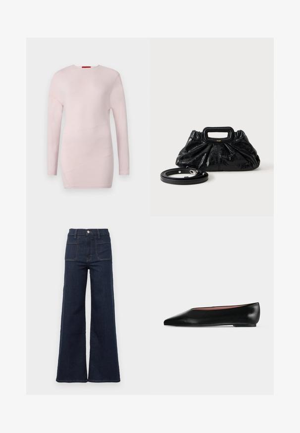 Lyserød bluse med lange ærmer og rund hals, med diagonale sømdetaljer og en glat tekstur.; Mørkeblå flagrende jeans lavet af denim med høj talje, der har to baglommer og kontrasterende syninger langs sømmene.; Sort damesko i læder med flad hæl og spids tå, vist fra siden på en ensfarvet lys grå baggrund.; Lille sort læderhåndtaske med rynket tekstur, rektangulært håndtag og aftagelig tynd skulderrem placeret ved siden af.
