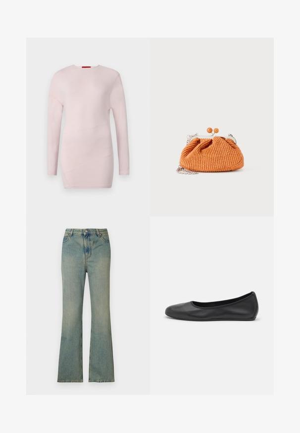 Lyserød bluse med lange ærmer og rund hals, med diagonale sømdetaljer og en glat tekstur.; Lysblå denim flare jeans med høj talje, fem lommer og lynlås. Ren, falmet finish med subtile syninger.; Sort læderballetsko med rund tå, glat tekstur, minimal syning og et fleksibelt såldesign.; Lille orange flettet clutch-pung med sølvmetalramme, rund lukning og en sølvkæde-rem på en hvid baggrund.