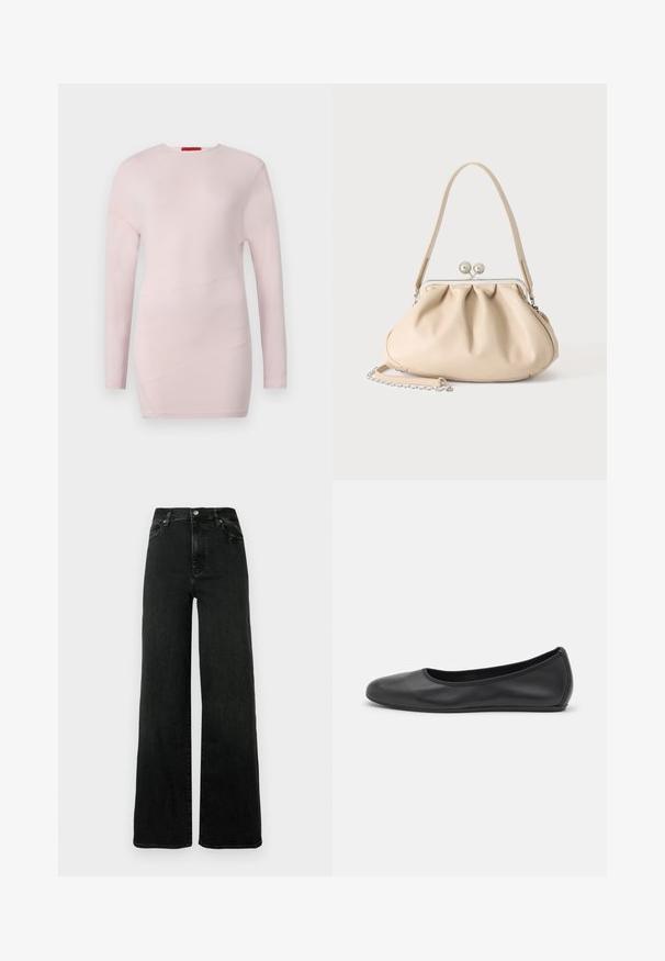 Top de manga larga de color rosa claro con cuello redondo, que presenta detalles de costura diagonal y una textura suave.; Vaqueros negros de pierna ancha hechos de mezclilla. Cintura alta con cierre de botón y diseño de cinco bolsillos. Textura lisa con un desgaste mínimo.; Bailarina de piel negra con punta redondeada, textura suave, detalle de costura minimalista y diseño de suela flexible.; Bolso de mano de cuero suave beige con cierre de marco metálico plateado, una correa para el hombro y una correa de cadena opcional sobre un fondo blanco.