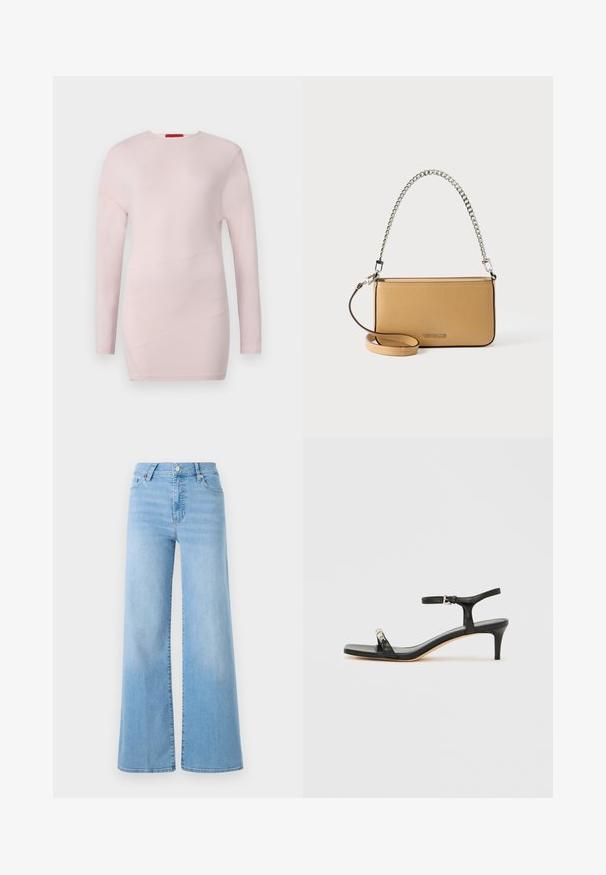 Lyserød bluse med lange ærmer og rund hals, med diagonale sømdetaljer og en glat tekstur.; FRAME Wide leg - blue; Sort læder sandal med hæl og ankelrem, åben tå, firkantet front og sølvfarvede metalaccenter. Figurformet design med en slank profil.; Rektangulær skuldertaske i tanfarvet læder med sølvkædehåndtag og fastgjort tanret læderrem, præget "Michael Kors"-logo på fronten.