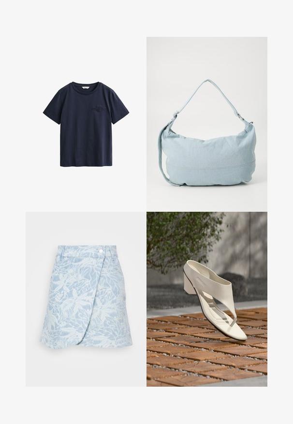 Mørkeblå bomulds T-shirt med korte ærmer, rund halsudskæring og lille præget logo på venstre bryst.; BOSS SKIRT MINI - A-snit nederdel - medium blue; Hvid læderhæl sandal med bred rem og tåpost, vist udendørs på en overflade med træ og grusfliser med grønt i baggrunden.; Lysblå denim skuldertaske i en rund form, justerbar rem og diskret syning langs den nederste kant. Blød tekstur.