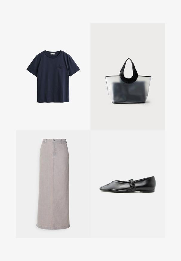 Marineblauw katoenen T-shirt met korte mouwen, een ronde hals en een klein reliëflogo op de linkerborst.; Lichte grijze denim midi-rok met hoge taille, knopen aan de voorkant, zijzakken en verticale stikdetails.; Zwarte leren platte schoen met een geplooide band over de bovenkant en een licht puntige neus, afgebeeld tegen een effen achtergrond.; Doorzichtige grijze draagtas met zwarte afgeronde handvatten bedrukt met merknaam, met wazige donkere inhoud binnenin.