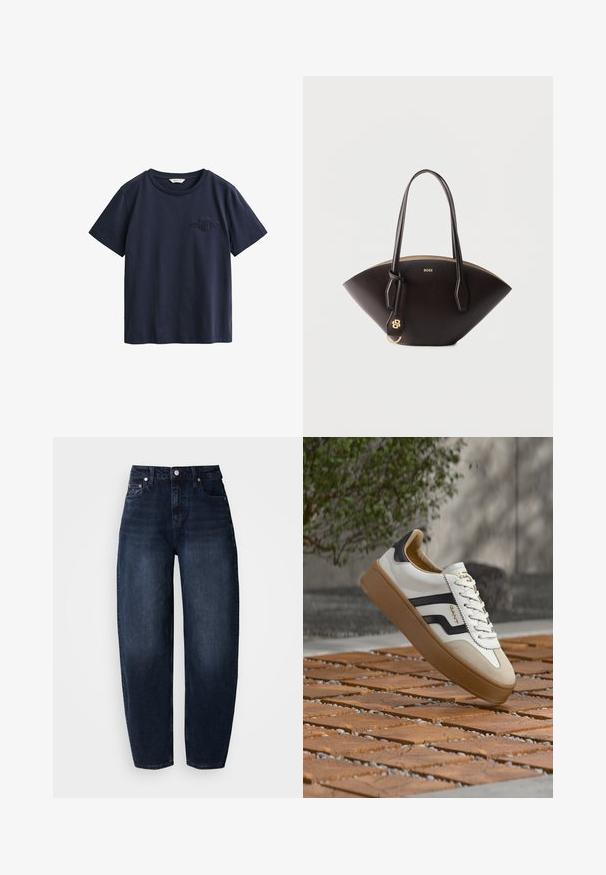 Marineblauw katoenen T-shirt met korte mouwen, een ronde hals en een klein reliëflogo op de linkerborst.; Donkerblauwe denim jeans met een ontspannen pasvorm, voorzien van een hoge taille, rechte pijpen en klassiek ontwerp met vijf zakken.; Witte sneaker met zwarte accenten en beige suède, voorzien van een gestructureerde rubberen zool en een vetersluiting. Merkembleem zichtbaar aan de zijkant.; Donkerbruine leren handtas met twee handvatten, een gouden "BOSS"-logo en een bijpassend leren label met een gouden ring en "B"-embleem.