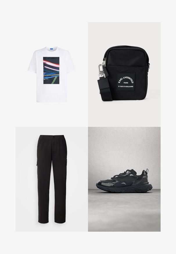 Camiseta de algodón blanca con un gráfico rectangular central que presenta franjas de luz coloridas en rojo, azul y verde sobre un fondo negro.; Pantalones cargo negros hechos de tela duradera; cuentan con una cinturilla elástica, bolsillos frontales y laterales, y un diseño de pierna recta.; Zapatilla de correr negra con parte superior texturizada, detalles suaves y suela gruesa con dibujo de ondas, diseñada para ofrecer comodidad y durabilidad.; Bolsa cruzada de nailon negra con forma rectangular, presenta una etiqueta en el parche frontal, herrajes plateados y una correa ajustable.