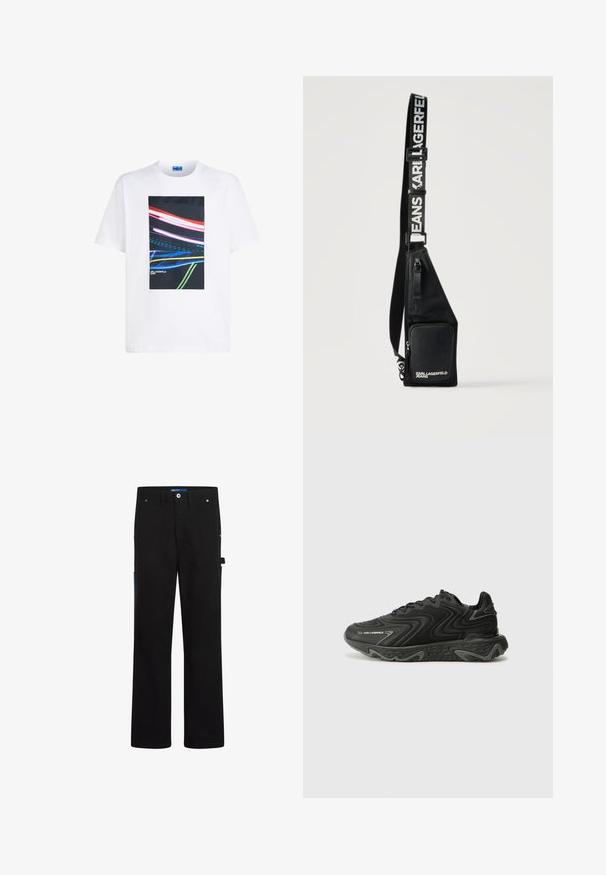 Camiseta de algodón blanca con un gráfico rectangular central que presenta franjas de luz coloridas en rojo, azul y verde sobre un fondo negro.; Pantalones cargo negros de corte recto, con dos bolsillos frontales, un bolsillo trasero y detalles en azul en los laterales y la cintura.; Zapatillas negras con una textura ondulada y detalles en gris. Presentan un diseño de cordones y una suela gruesa y esculpida. La marca es visible en el lateral.; Bolso bandolera negro con bolsillo frontal con cremallera y correa ajustable impresa con "KARL LAGERFELD JEANS" en letras blancas.