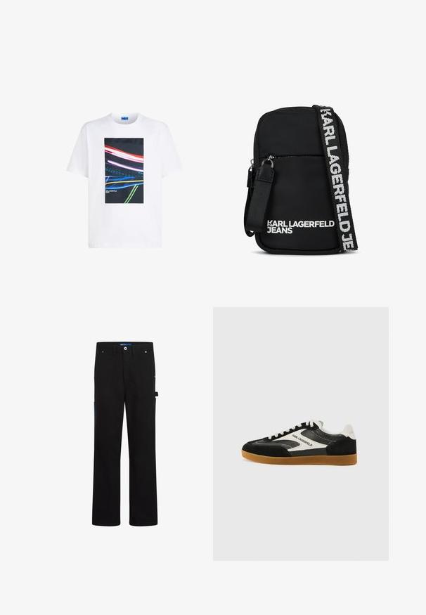 Camiseta de algodón blanca con un gráfico rectangular central que presenta franjas de luz coloridas en rojo, azul y verde sobre un fondo negro.; Pantalones cargo negros de corte recto, con dos bolsillos frontales, un bolsillo trasero y detalles en azul en los laterales y la cintura.; Zapatillas bajas en blanco y negro, fabricadas con materiales de ante y cuero, que cuentan con una suela de goma y un detalle del logo "Karl Lagerfeld".; Bolso cruzado de tela negra con forma rectangular, que cuenta con un bolsillo frontal con cremallera y una bandolera con logo en blanco en contraste.