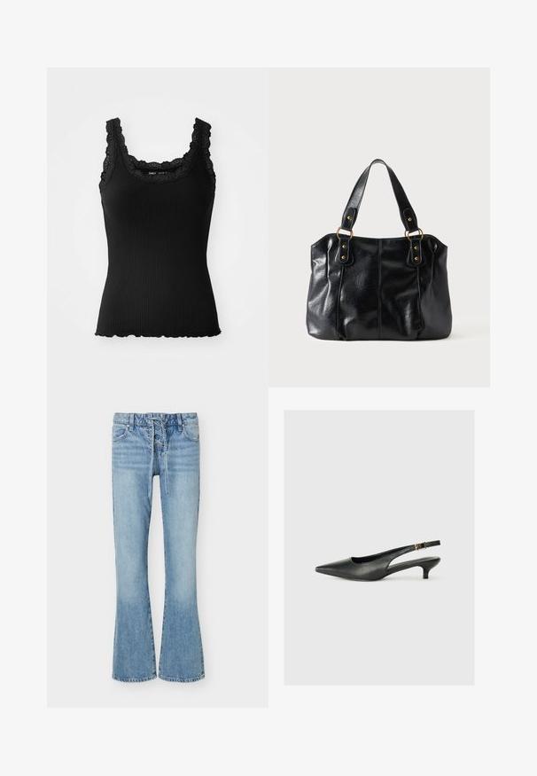 Débardeur noir à côtes avec des garnitures en dentelle au niveau du col et des épaules, présentant un ourlet en feston et un design ajusté, fabriqué en tissu extensible.; Jean flare en denim bleu clair avec fermeture à lacets sur le devant, cinq poches et passants de ceinture, présentant des détails délavés sur les cuisses et les genoux.; Chaussure slingback noire à bout pointu en cuir lisse. Présente un talon fin et un détail de boucle sur la sangle réglable.; Sac à épaule en cuir noir avec double anses attachées par des anneaux et rivets dorés, surface lisse et légèrement brillante, design simple.